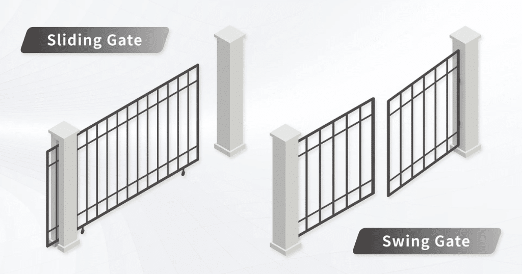 Illustration comparing sliding and swing gates.